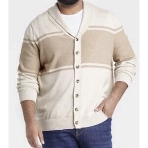 Goodfellow Cardigan Sweater Mens Size XXL‎ Beige Stripe Shawl Neck Grandpa NWOT